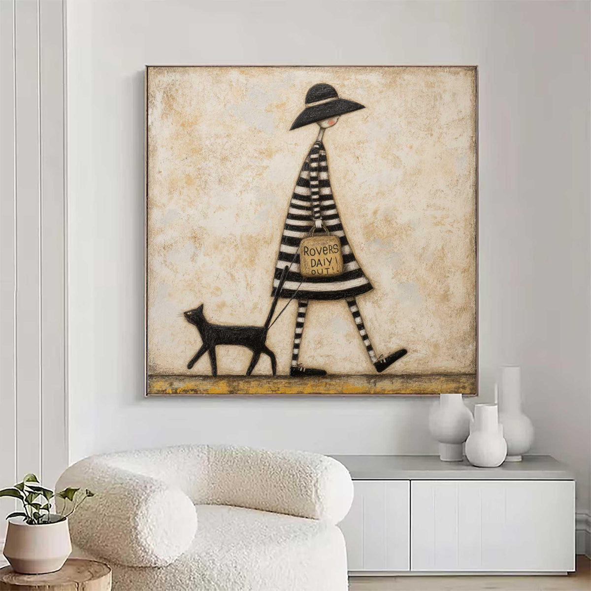Woman Walking Cat Wall Art Vintage Black Hat Canvas Painting for Whimsical Bedroom Decor