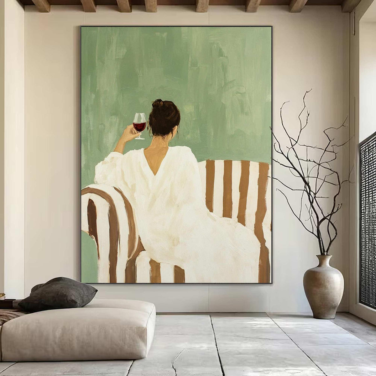 May include: An abstract painting depicts a person in a white dress seated on a striped sofa, holding a glass of red wine. The background is a muted green, and the overall aesthetic is minimalist and serene. A vase with branches is on the right.