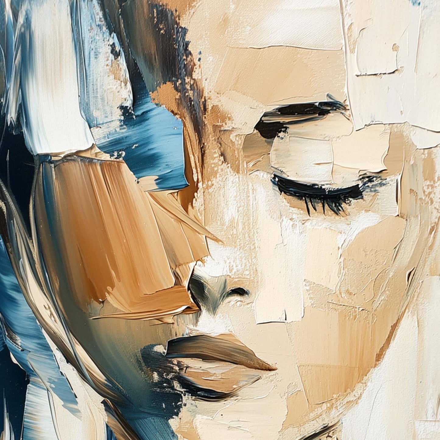 Textured Abstract Woman Portrait Painting, Palette Knife Art, Blue Beige Decor – Blue and Beige Female Figure Portrait Wall A