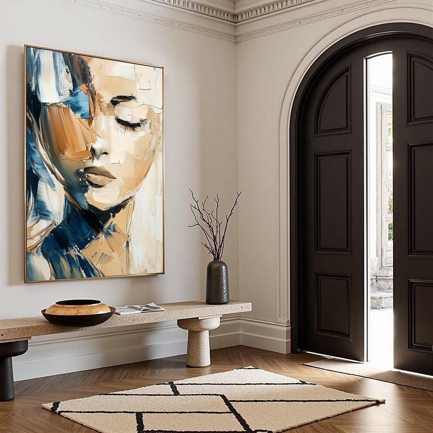 Textured Abstract Woman Portrait Painting, Palette Knife Art, Blue Beige Decor – Blue and Beige Female Figure Portrait Wall A