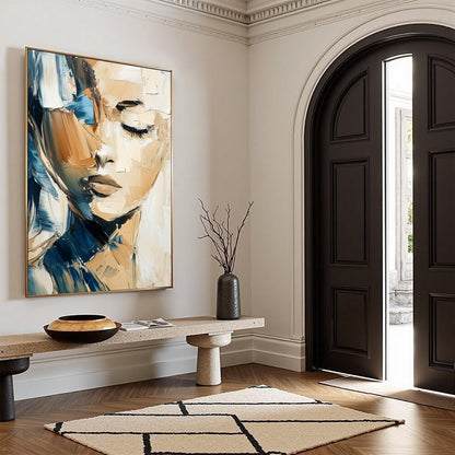 Textured Abstract Woman Portrait Painting, Palette Knife Art, Blue Beige Decor – Blue and Beige Female Figure Portrait Wall A