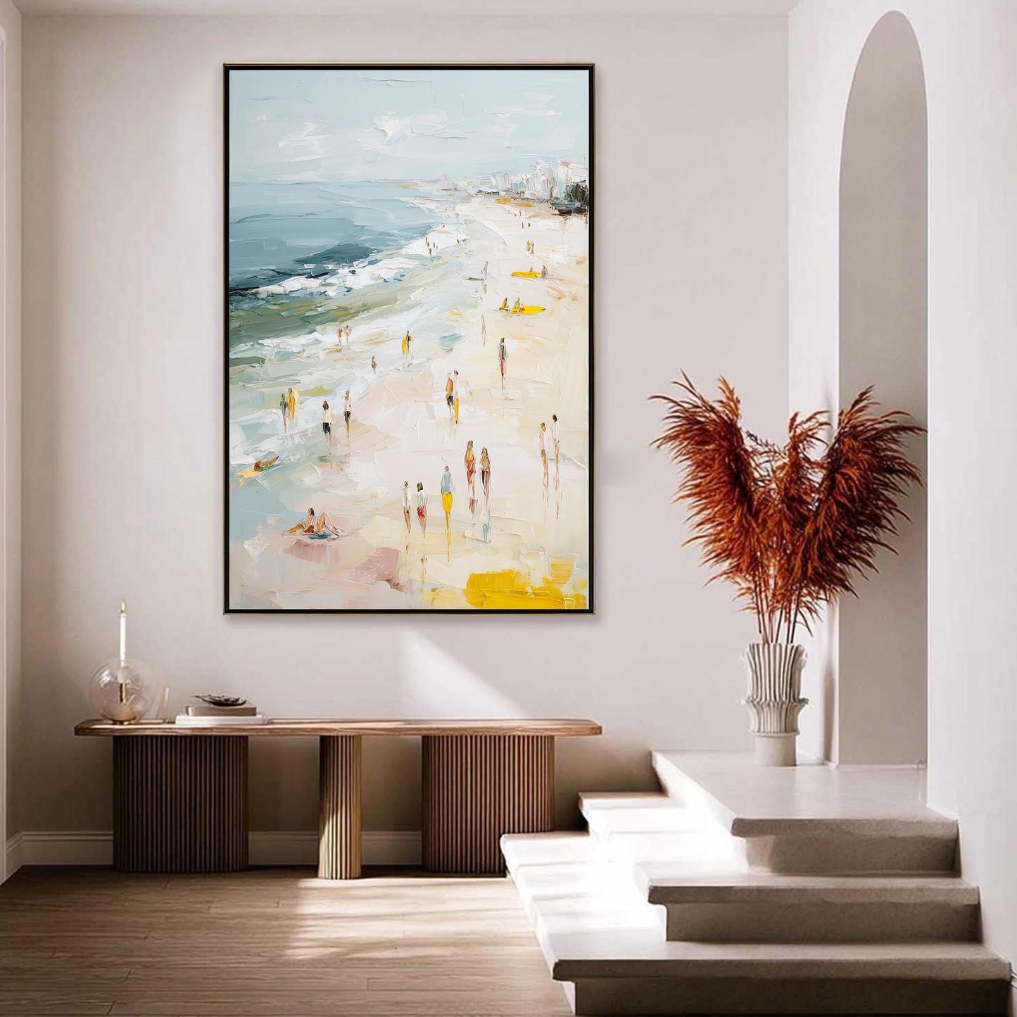 Yellow Abstract Impasto Beach Seascape Wall Art – Textured Coastal Painting