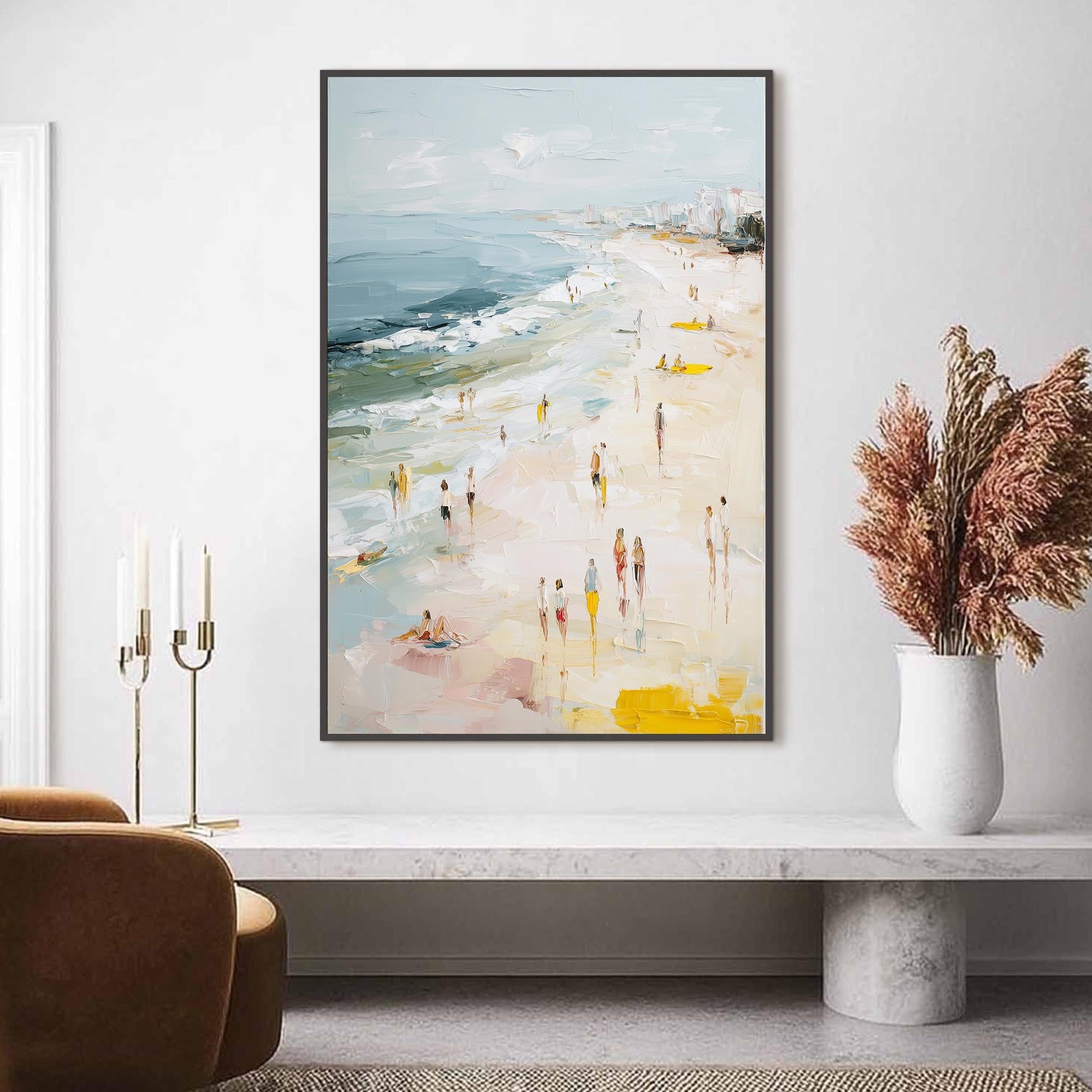 Textured Abstract Beach Painting, Impasto Ocean Seascape Canvas, Coastal Living Room Art – Yellow Beach Seascape Wall Art | A