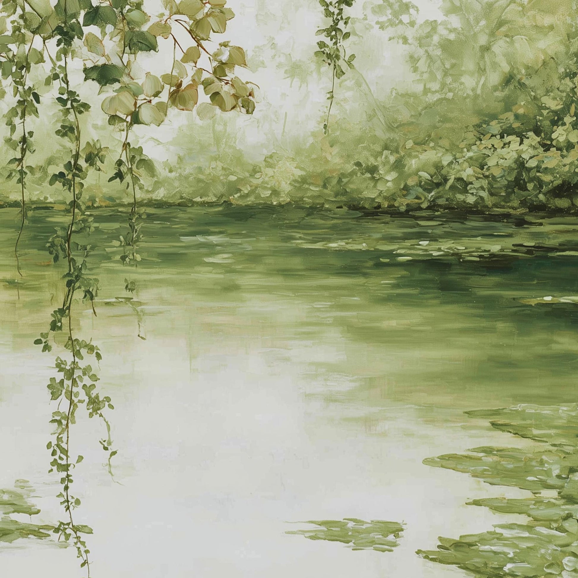 Vintage Pond – Sage and Green Lake Landscape Wall Art | Textured Painting, view 5