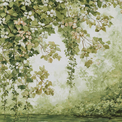 Sage and Green Impressionist Textured Lake Landscape Wall Art – Vintage Pond