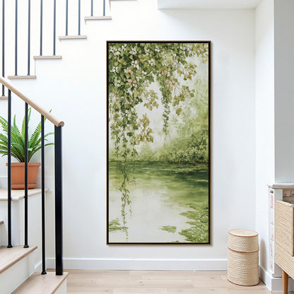 Sage and Green Impressionist Textured Lake Landscape Wall Art – Vintage Pond