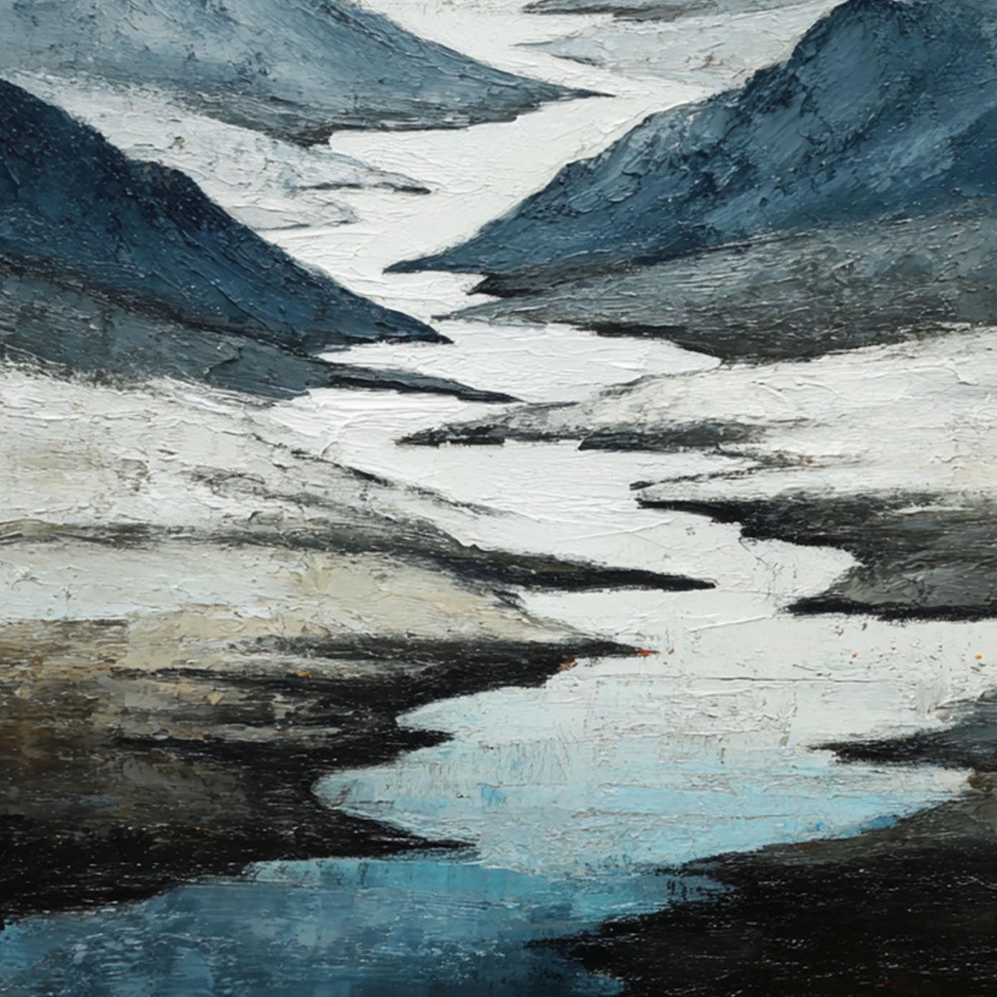 Textured Mountain Landscape Painting, Abstract Blue Grey Impasto Canvas Art – Blue and Grey River Landscape Wall Art | Minima