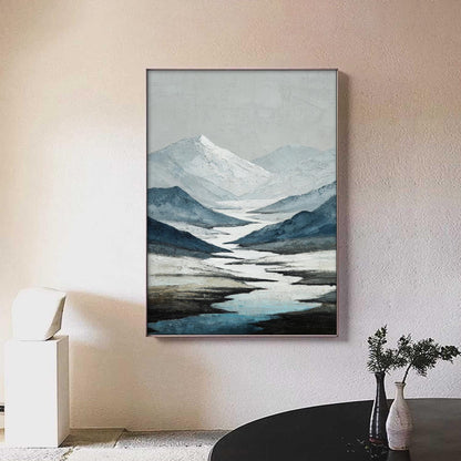 Textured Mountain Landscape Painting, Abstract Blue Grey Impasto Canvas Art – Blue and Grey River Landscape Wall Art | Minima
