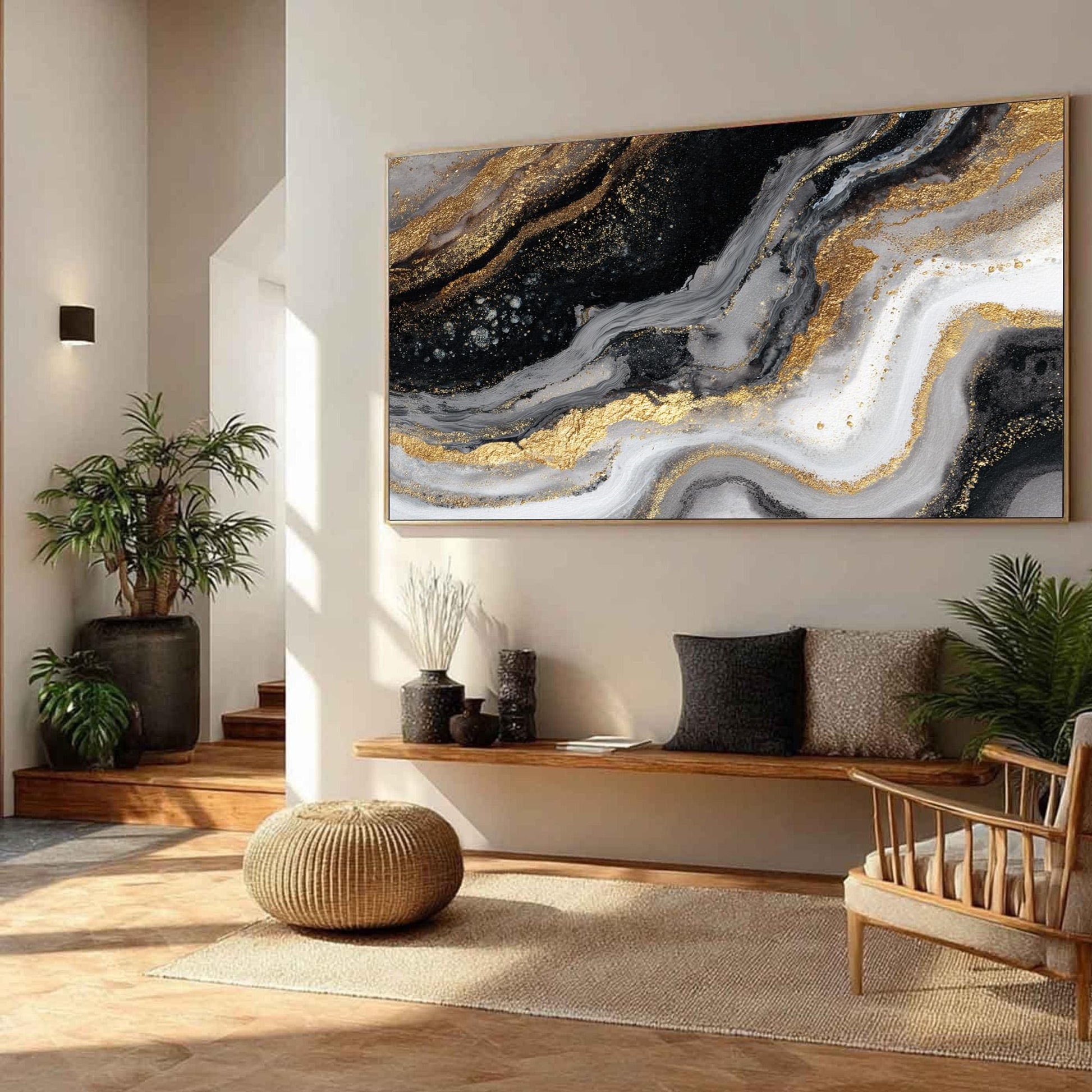 Textured Black Gold Abstract Oil Painting, Modern Fluid Art Canvas, Glam Wall Decor – Gold and Grey Fluid Abstract Wall Art |