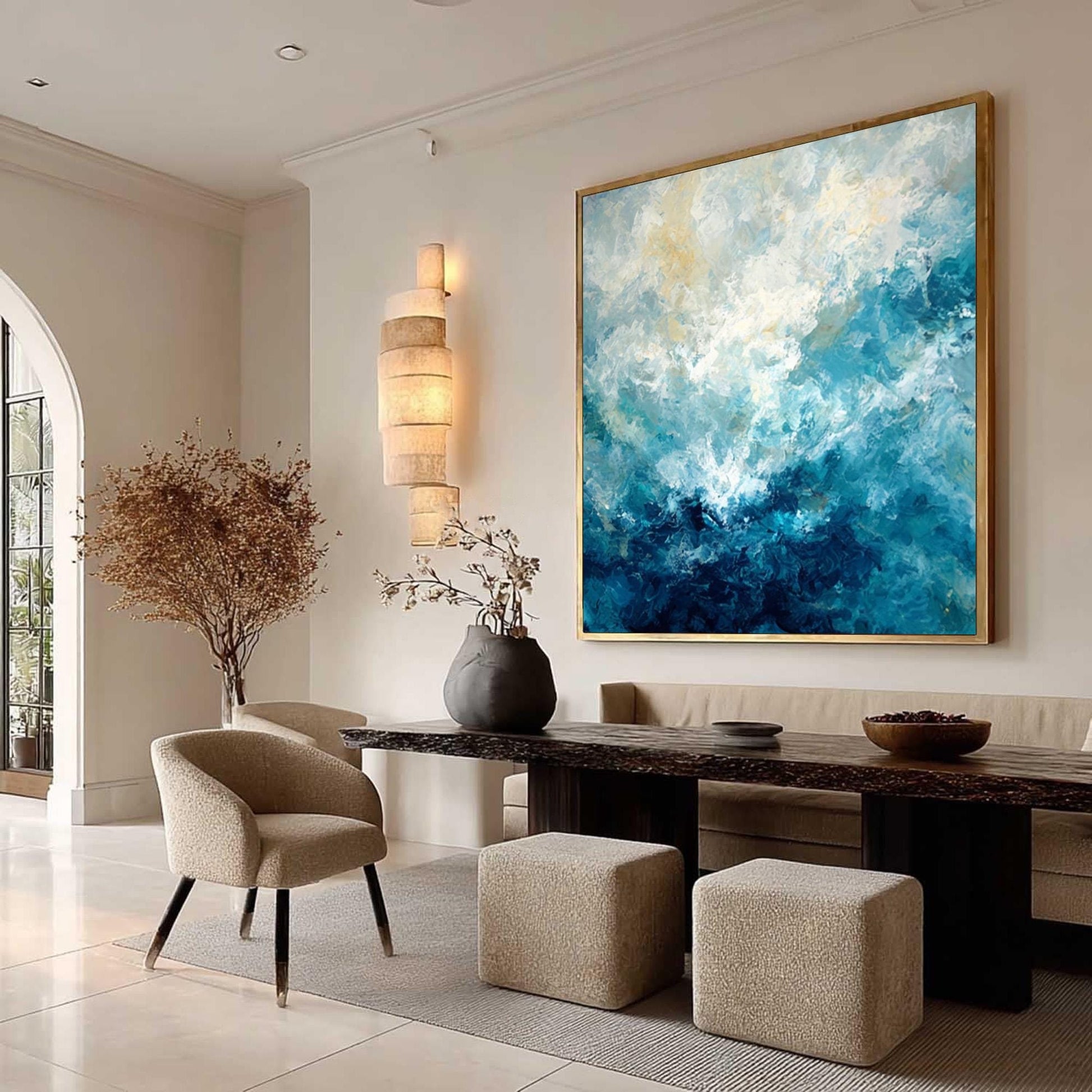 Textured Abstract Ocean Oil Painting, Modern Coastal Canvas Art – Navy and Gold Ocean Wall Art | Abstract Palette Knife Hand-