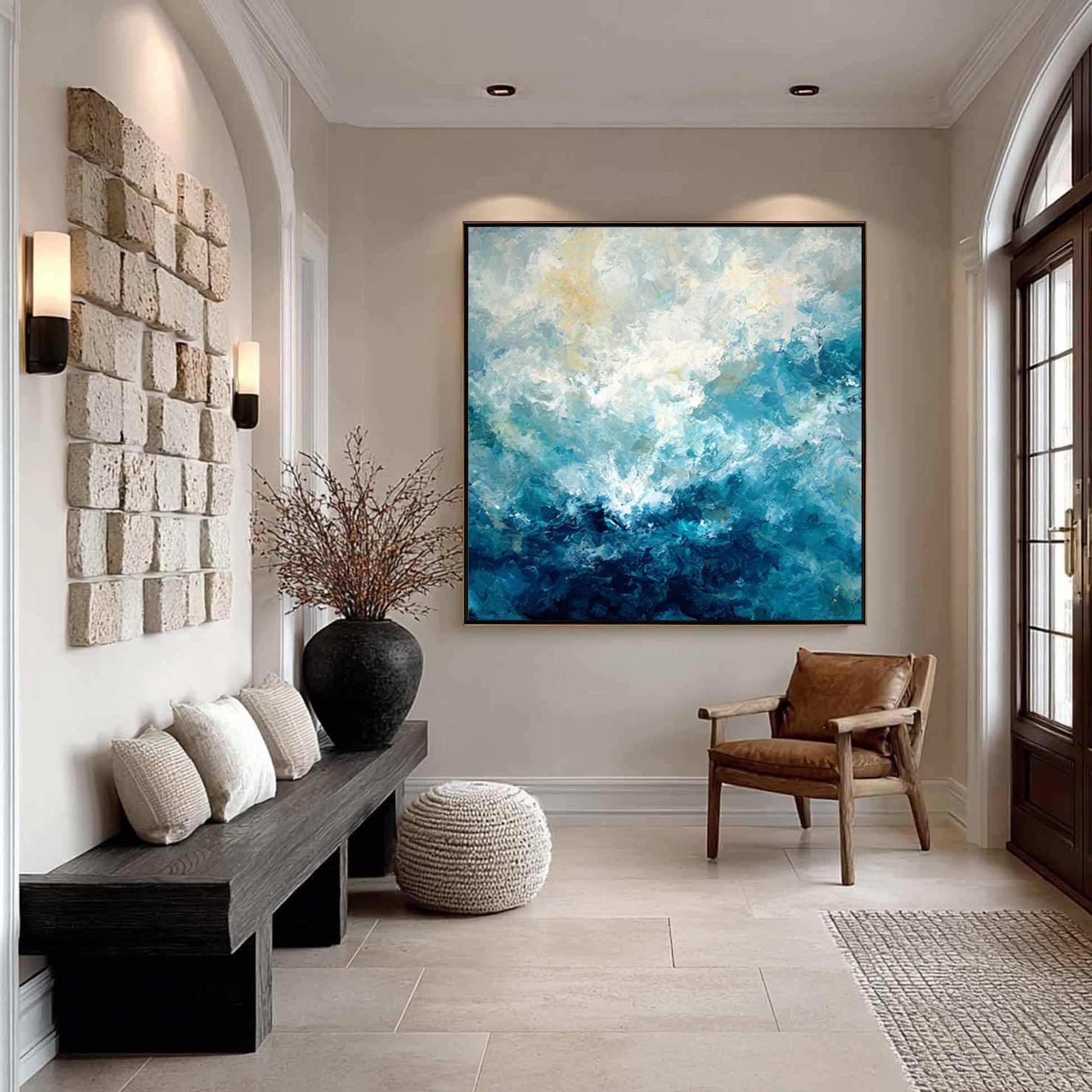 Textured Abstract Ocean Oil Painting, Modern Coastal Canvas Art – Navy and Gold Ocean Wall Art | Abstract Palette Knife Hand-