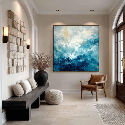 Textured Abstract Ocean Oil Painting, Modern Coastal Canvas Art – Navy and Gold Ocean Wall Art | Abstract Palette Knife Hand-