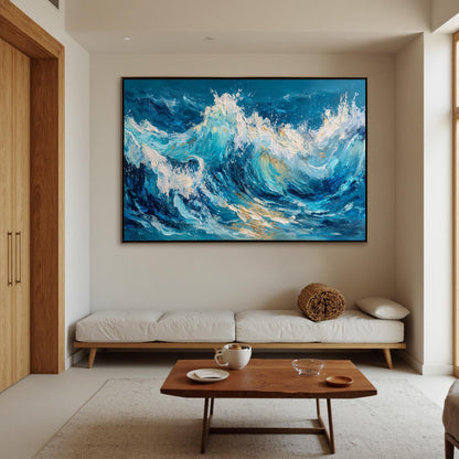 Gold and White Impasto Ocean Wave Seascape Wall Art – Textured Impasto Ocean Wave Painting