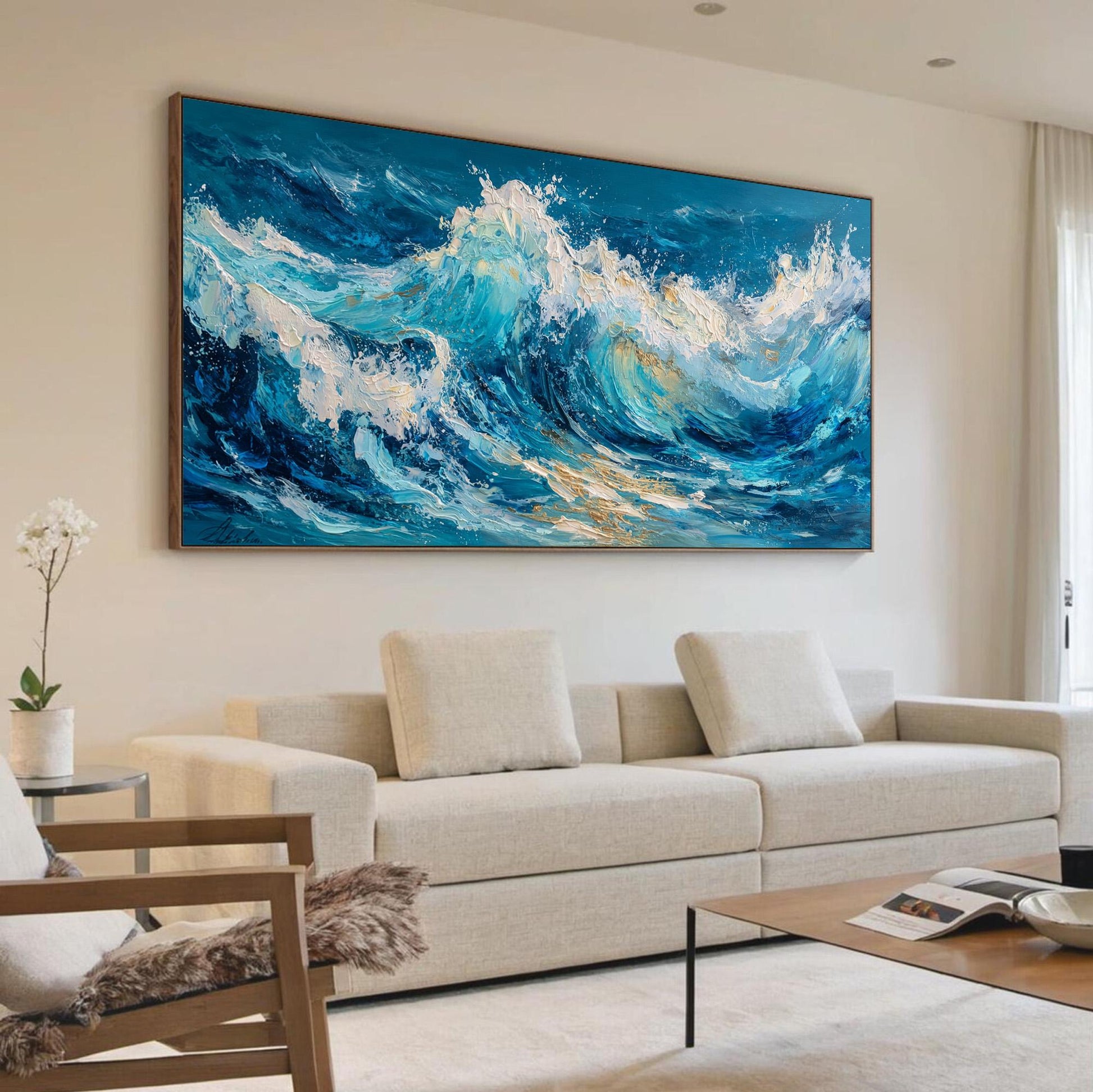 Textured Impasto Ocean Wave Painting, Original Seascape Canvas Art, Coastal Wall Decor – Gold and White Ocean Wave Seascape W