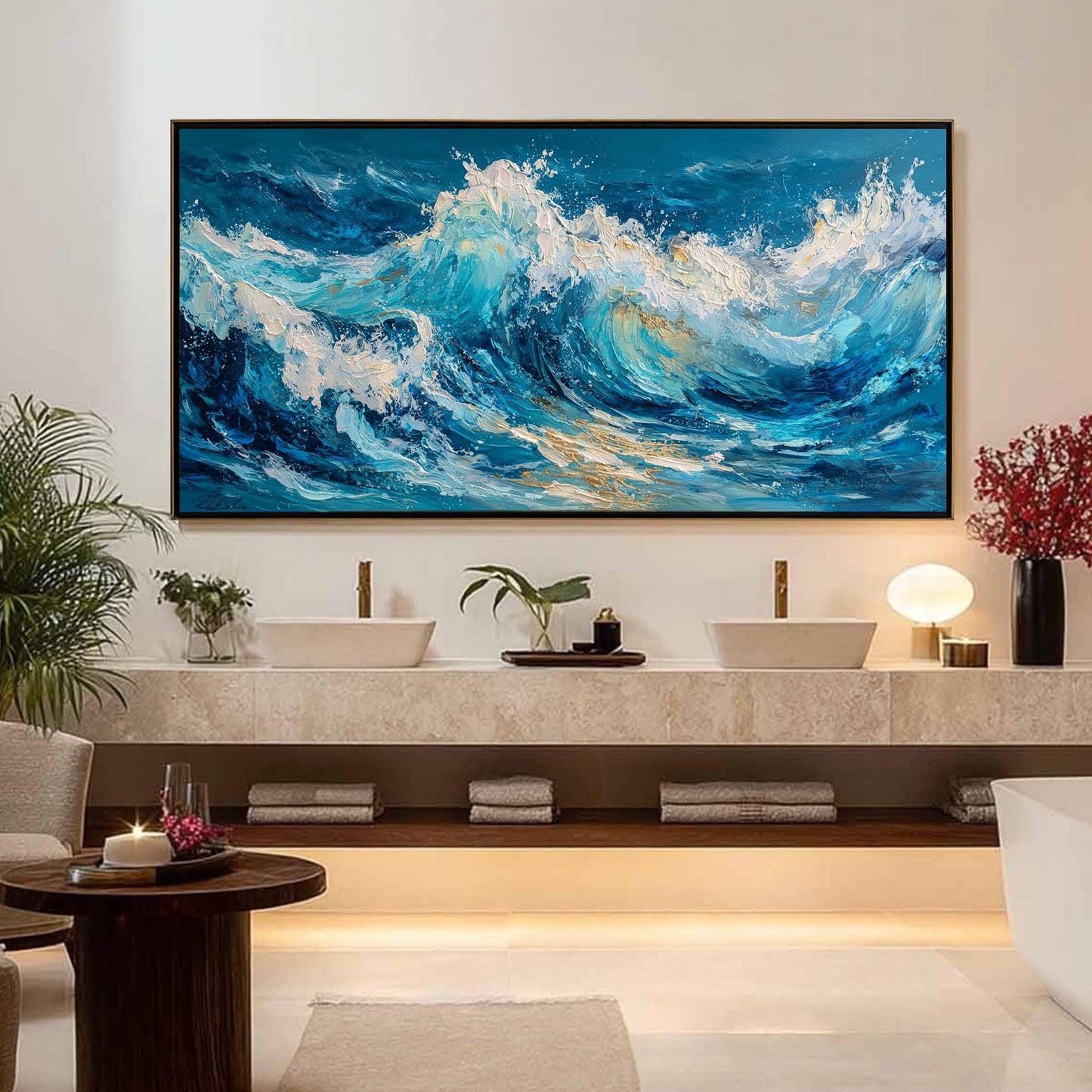 Gold and White Impasto Ocean Wave Seascape Wall Art – Textured Impasto Ocean Wave Painting