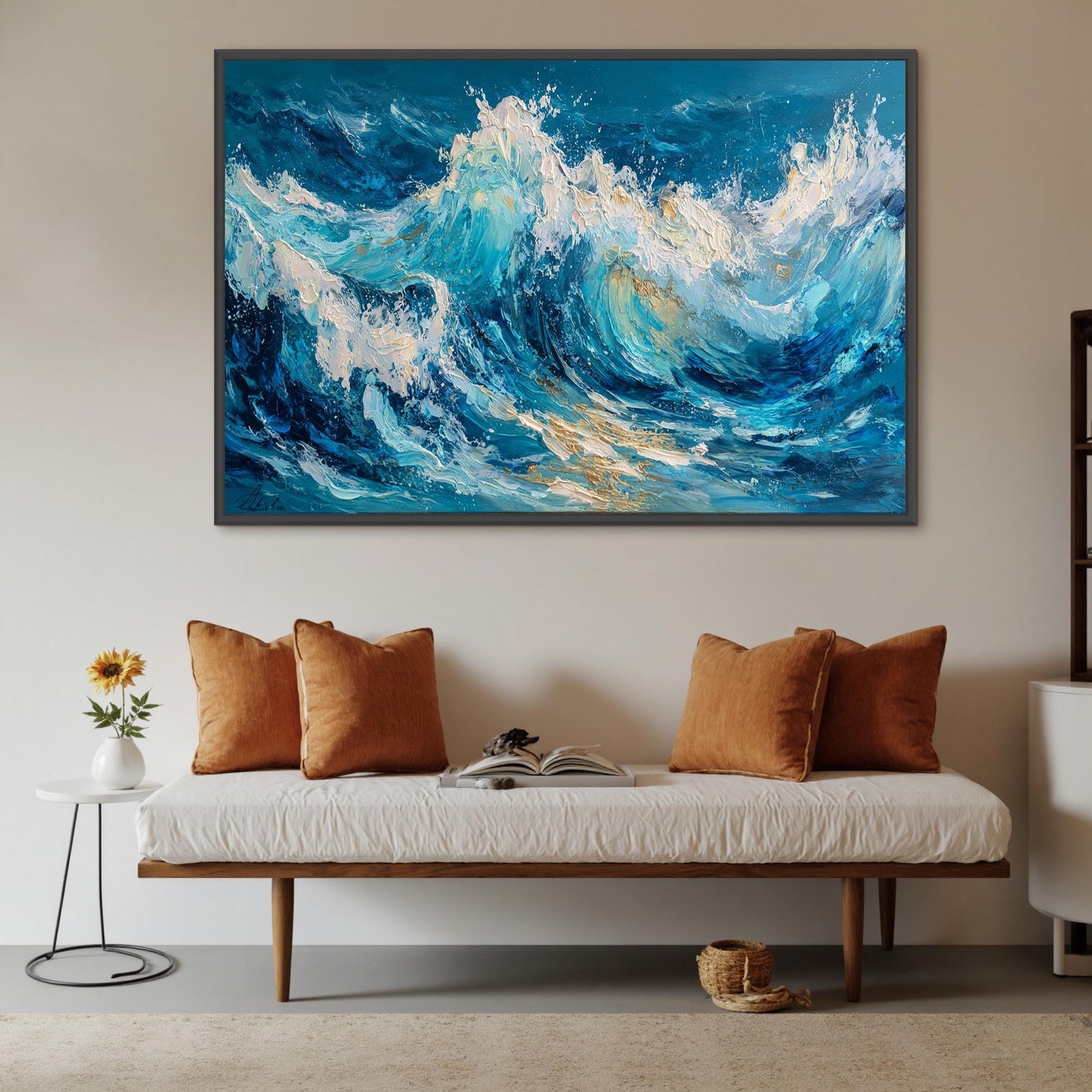 Gold and White Impasto Ocean Wave Seascape Wall Art – Textured Impasto Ocean Wave Painting