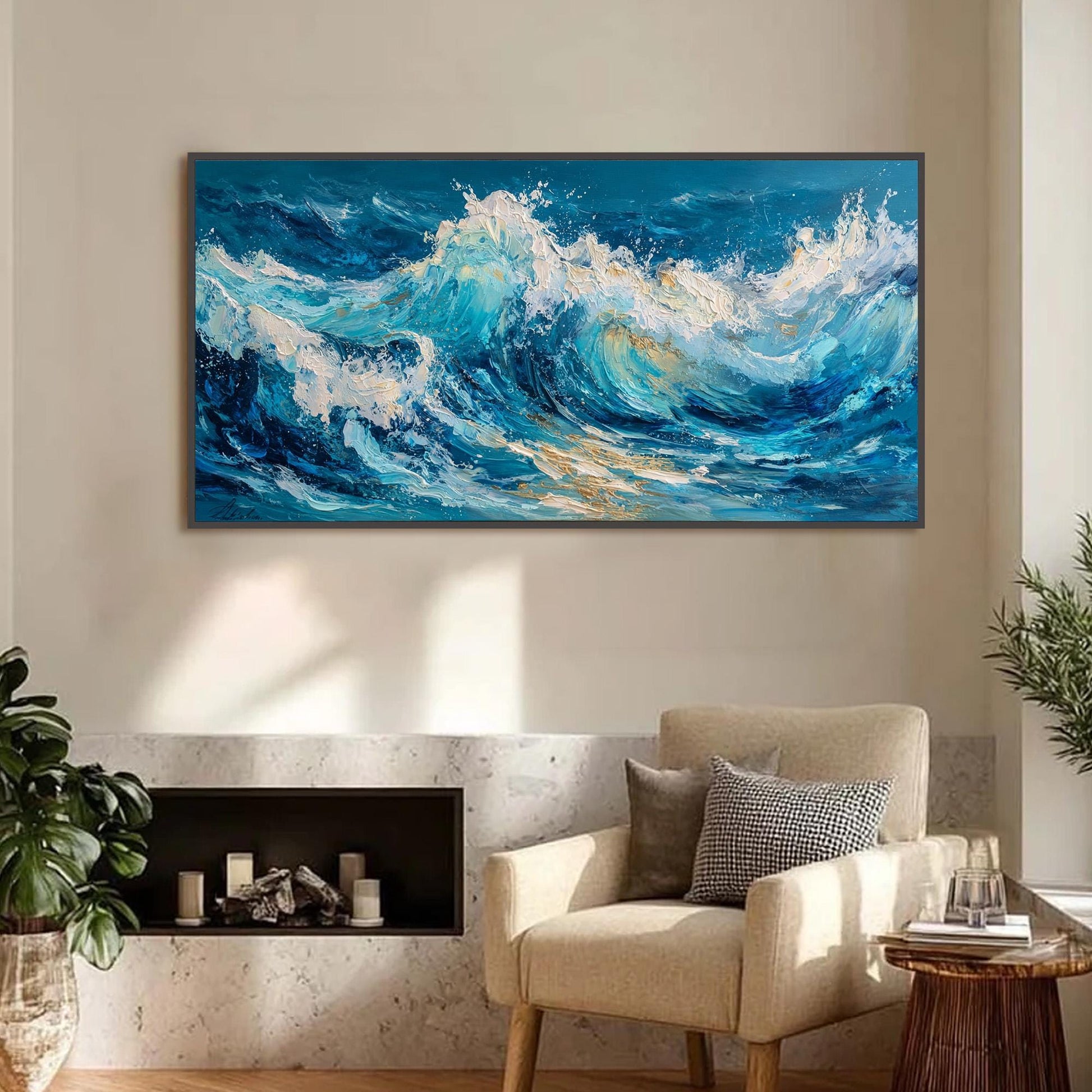 Textured Impasto Ocean Wave Painting, Original Seascape Canvas Art, Coastal Wall Decor – Gold and White Ocean Wave Seascape W