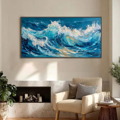 Textured Impasto Ocean Wave Painting, Original Seascape Canvas Art, Coastal Wall Decor – Gold and White Ocean Wave Seascape W