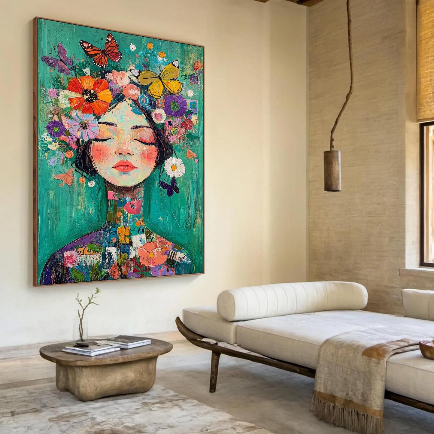 Fantasy Portrait Painting, Woman with – Orange and Yellow Figurative Figure Portrait Wall Art | Boho Hand-Painted Painting, v