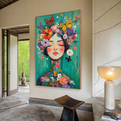 Fantasy Portrait Painting, Woman with – Orange and Yellow Figurative Figure Portrait Wall Art | Boho Hand-Painted Painting, v
