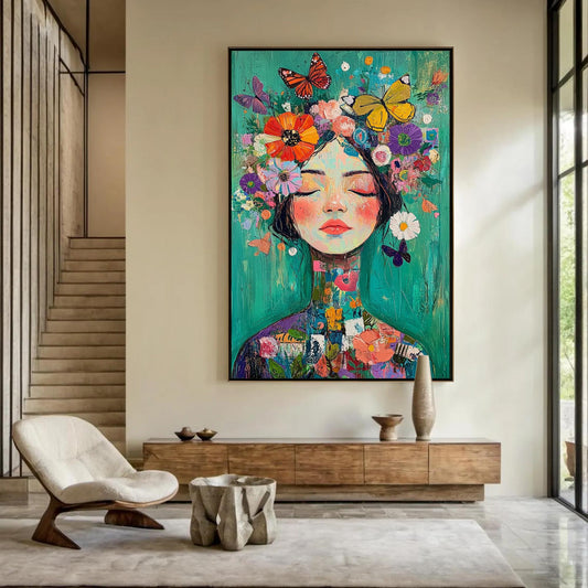 Fantasy Portrait Painting, Woman with – Orange and Yellow Figurative Figure Portrait Wall Art | Boho Hand-Painted Painting, v