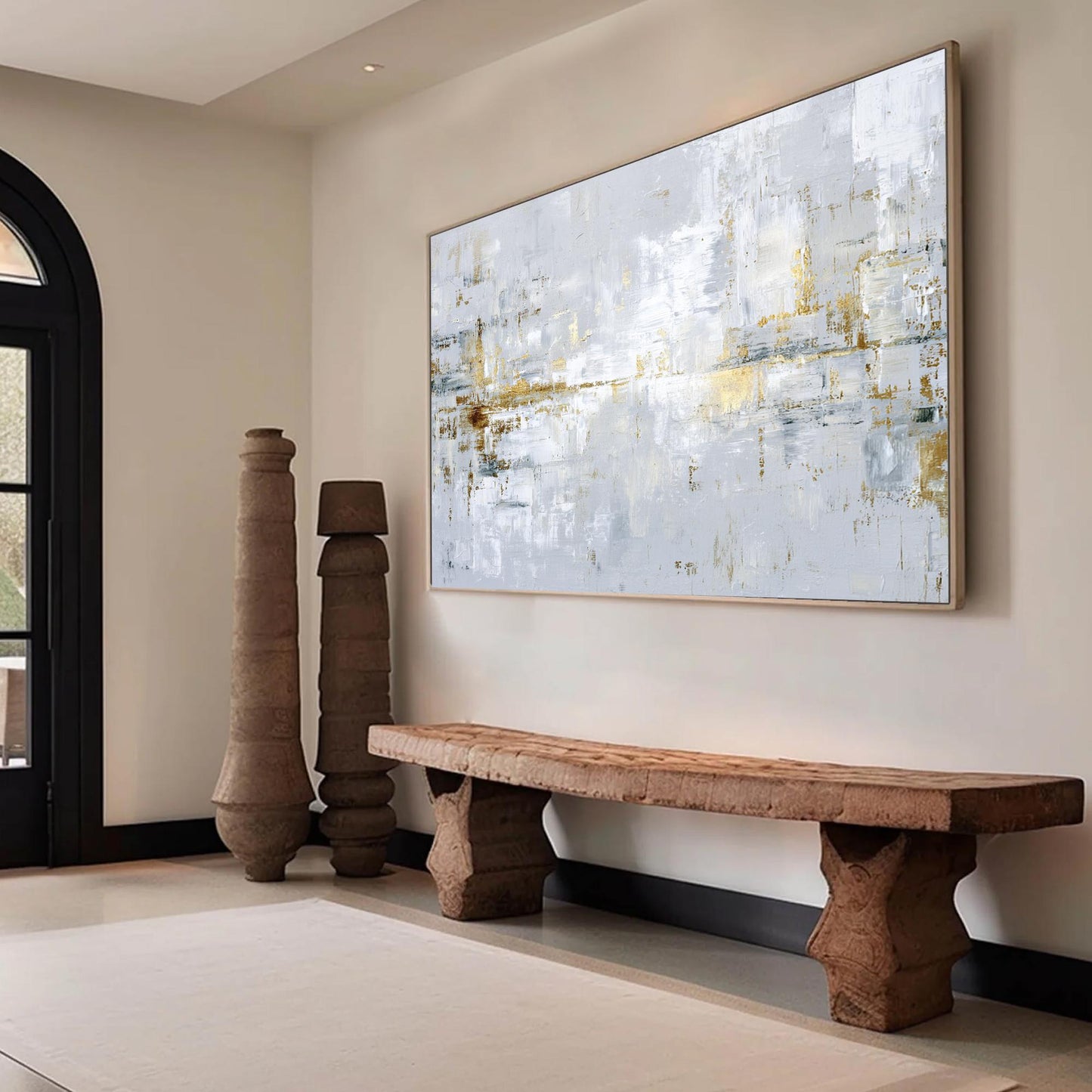 Abstract Textured Painting, Gold Leaf Silver White Canvas, Modern Minimalist Luxury Home Decor – Gold and Silver Botanical Le