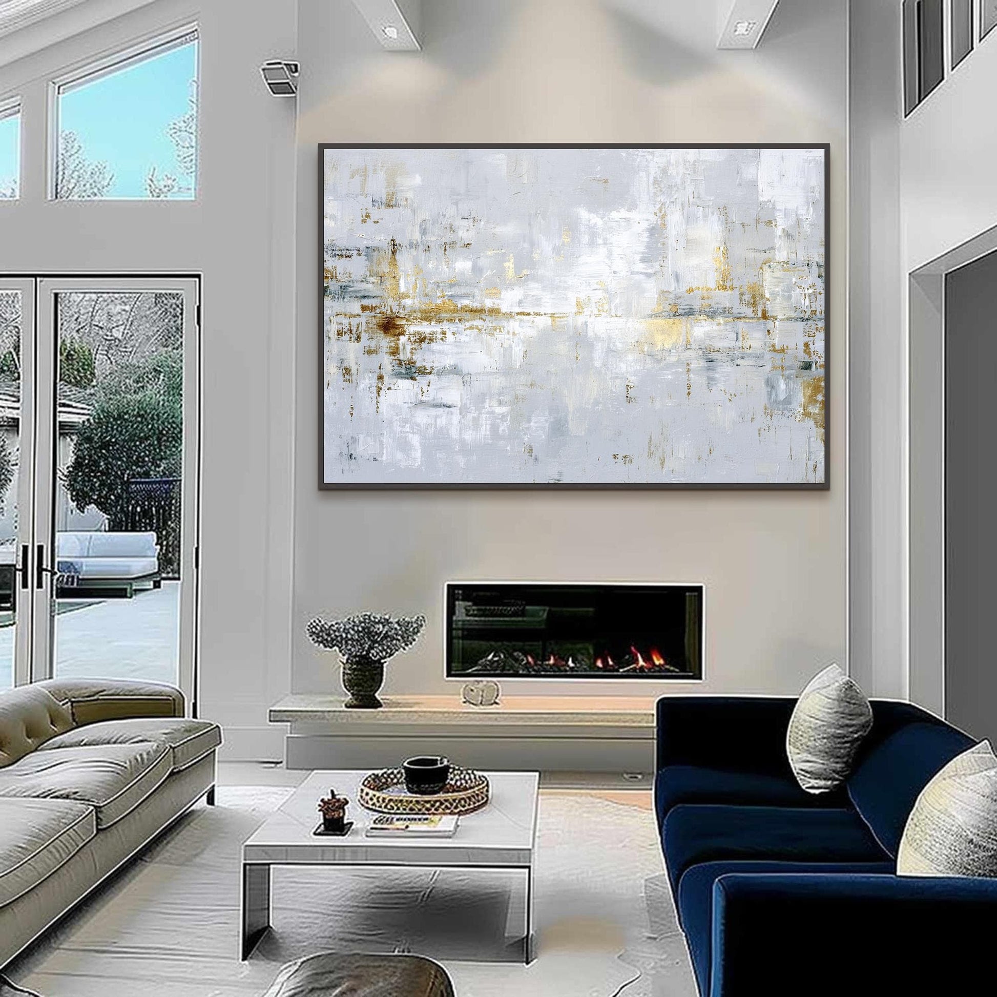 Abstract Textured Painting, Gold Leaf Silver White Canvas, Modern Minimalist Luxury Home Decor – Gold and Silver Botanical Le