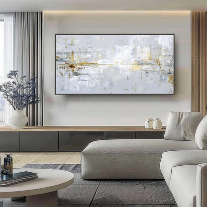 Abstract Textured Painting, Gold Leaf Silver White Canvas, Modern Minimalist Luxury Home Decor – Gold and Silver Botanical Le