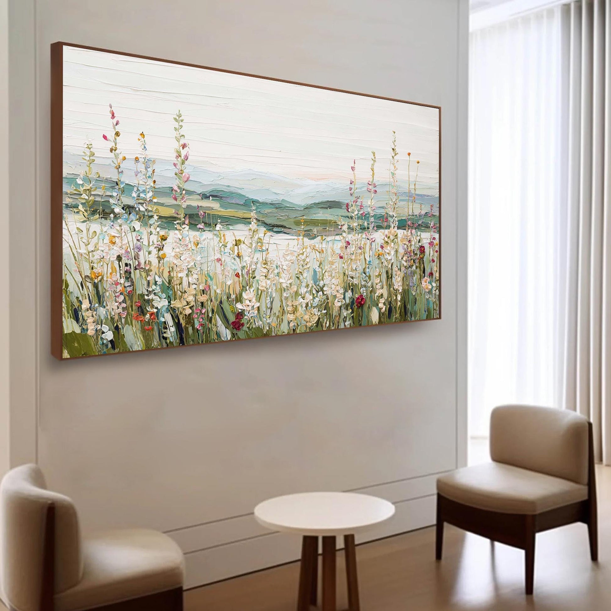 Original Wildflower Meadow – Green and Yellow Meadow Landscape Wall Art | Hand-Painted Painting, view 3