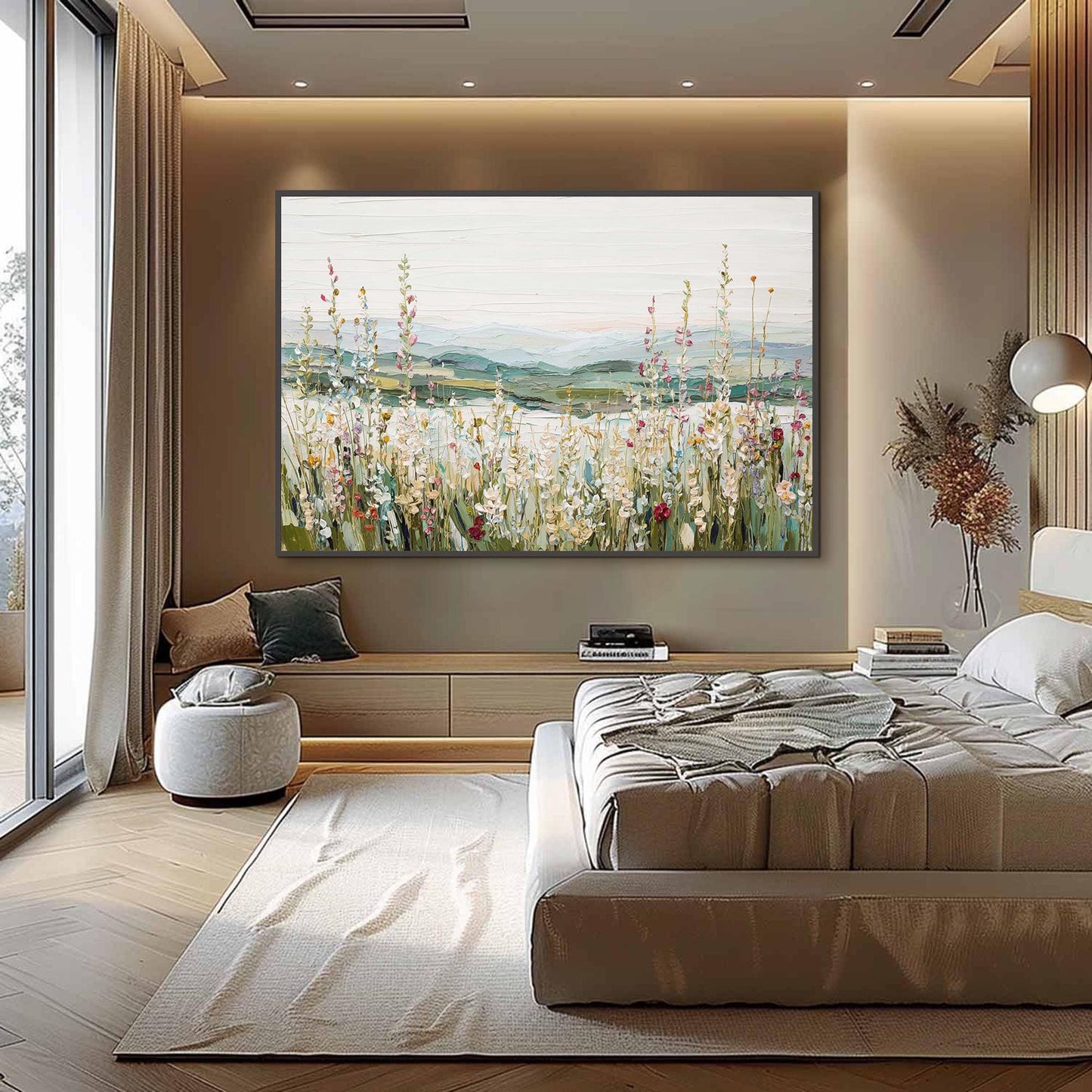 Original Wildflower Meadow – Green and Yellow Meadow Landscape Wall Art | Hand-Painted Painting, view 1