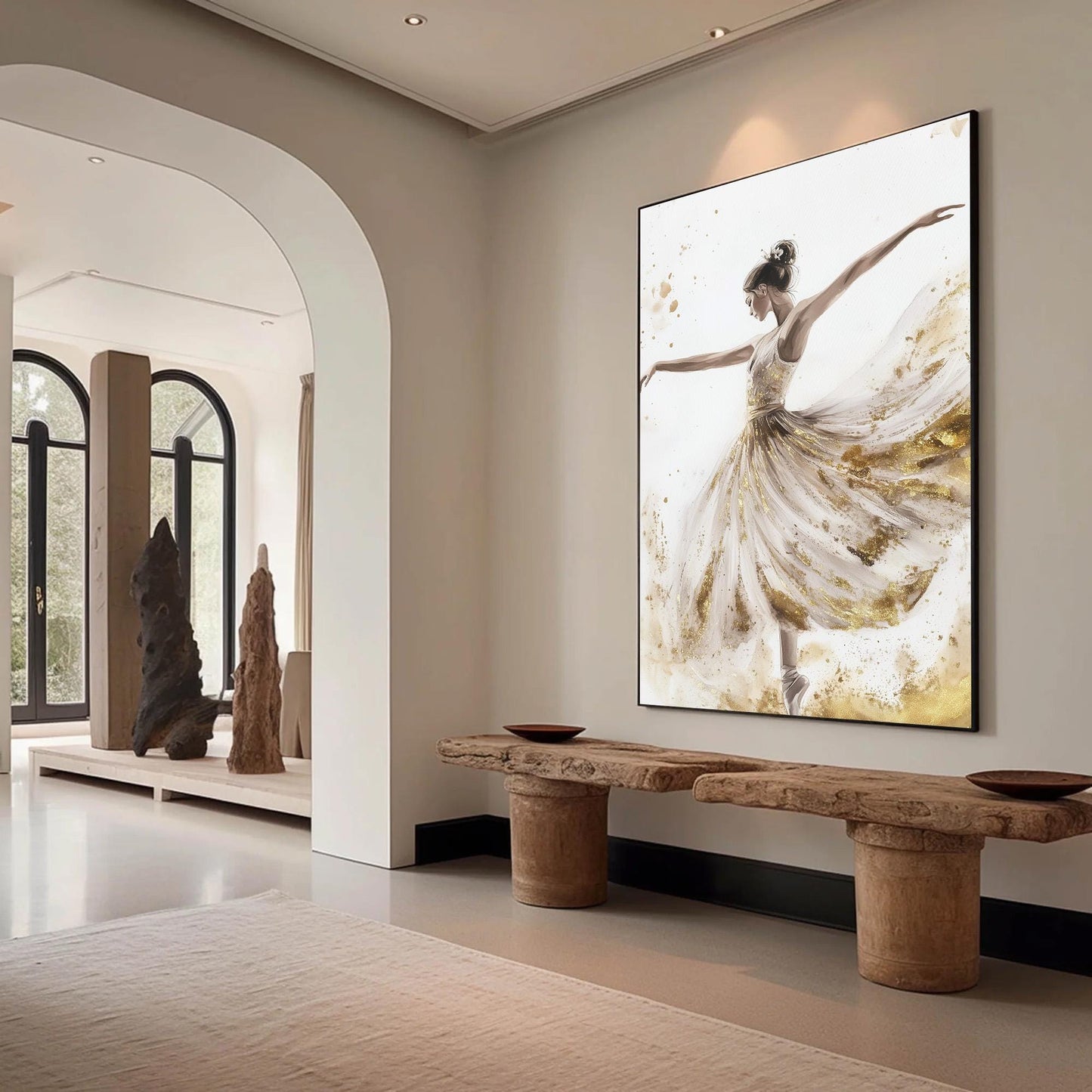 Gold Foil Ballerina Painting, Watercolor Dancer Wall Art, Elegant Figurative Canvas Decor – Gold Dancer Figure Portrait Wall 