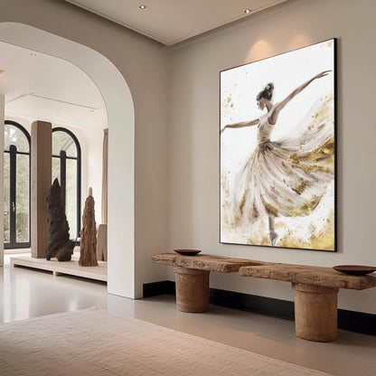 Gold Foil Ballerina Painting, Watercolor Dancer Wall Art, Elegant Figurative Canvas Decor – Gold Dancer Figure Portrait Wall 