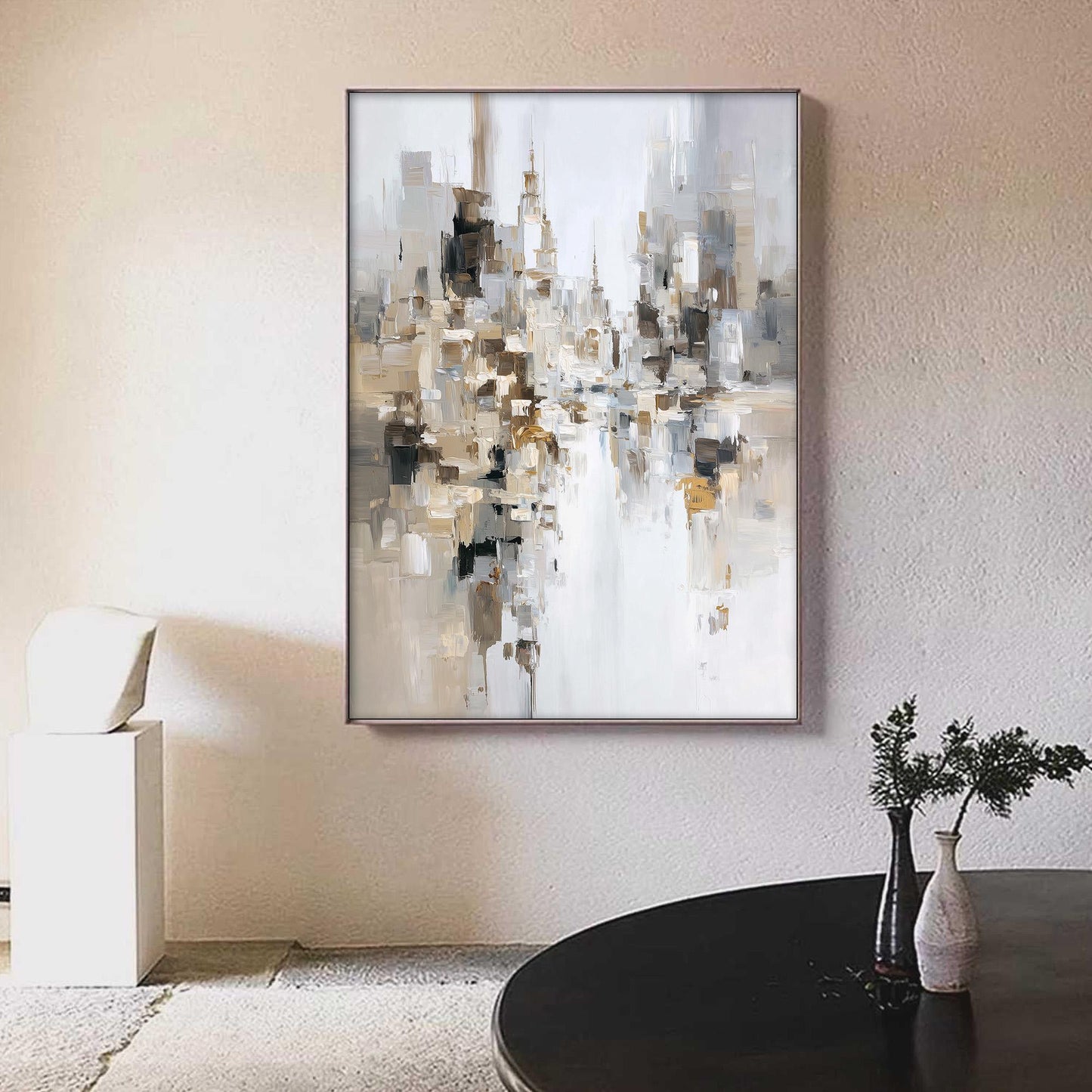 Large – Grey and Beige Architecture City Wall Art | Minimalist Impasto Hand-Painted Painting, view 1