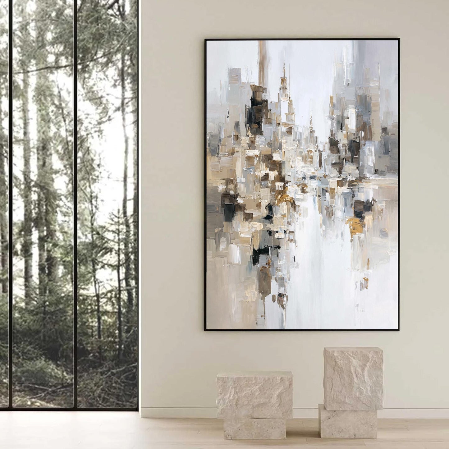 City Architecture Wall Art – Grey and Beige Minimalist Impasto