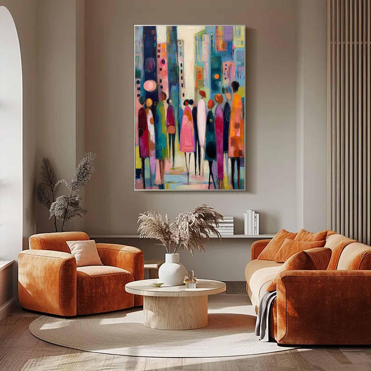 May include: An abstract painting depicts a cityscape with colorful buildings and figures. The artwork features a palette of blues, pinks, yellows, and oranges. The figures are stylized, with long, thin legs and colorful coats. The painting is framed and hangs on a neutral-toned wall.