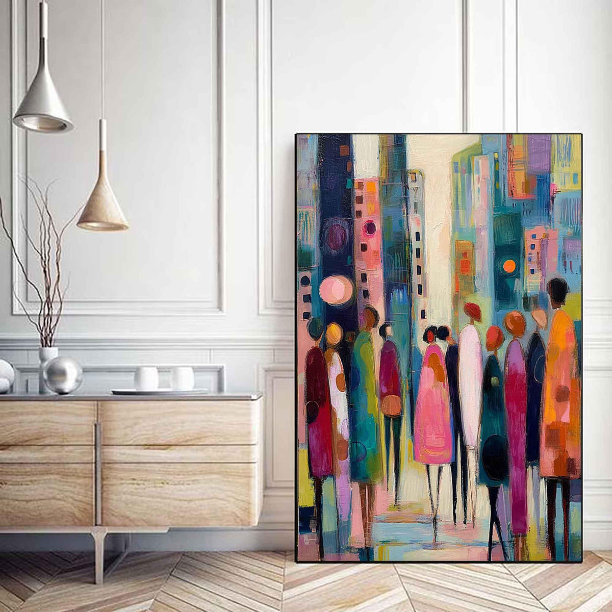 May include: Abstract cityscape painting with a group of figures in the foreground. The artwork features a vibrant color palette of blues, pinks, and oranges, with a focus on vertical lines and geometric shapes. The figures are depicted with simple forms and varied colors.