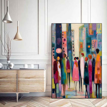 May include: Abstract cityscape painting with a group of figures in the foreground. The artwork features a vibrant color palette of blues, pinks, and oranges, with a focus on vertical lines and geometric shapes. The figures are depicted with simple forms and varied colors.