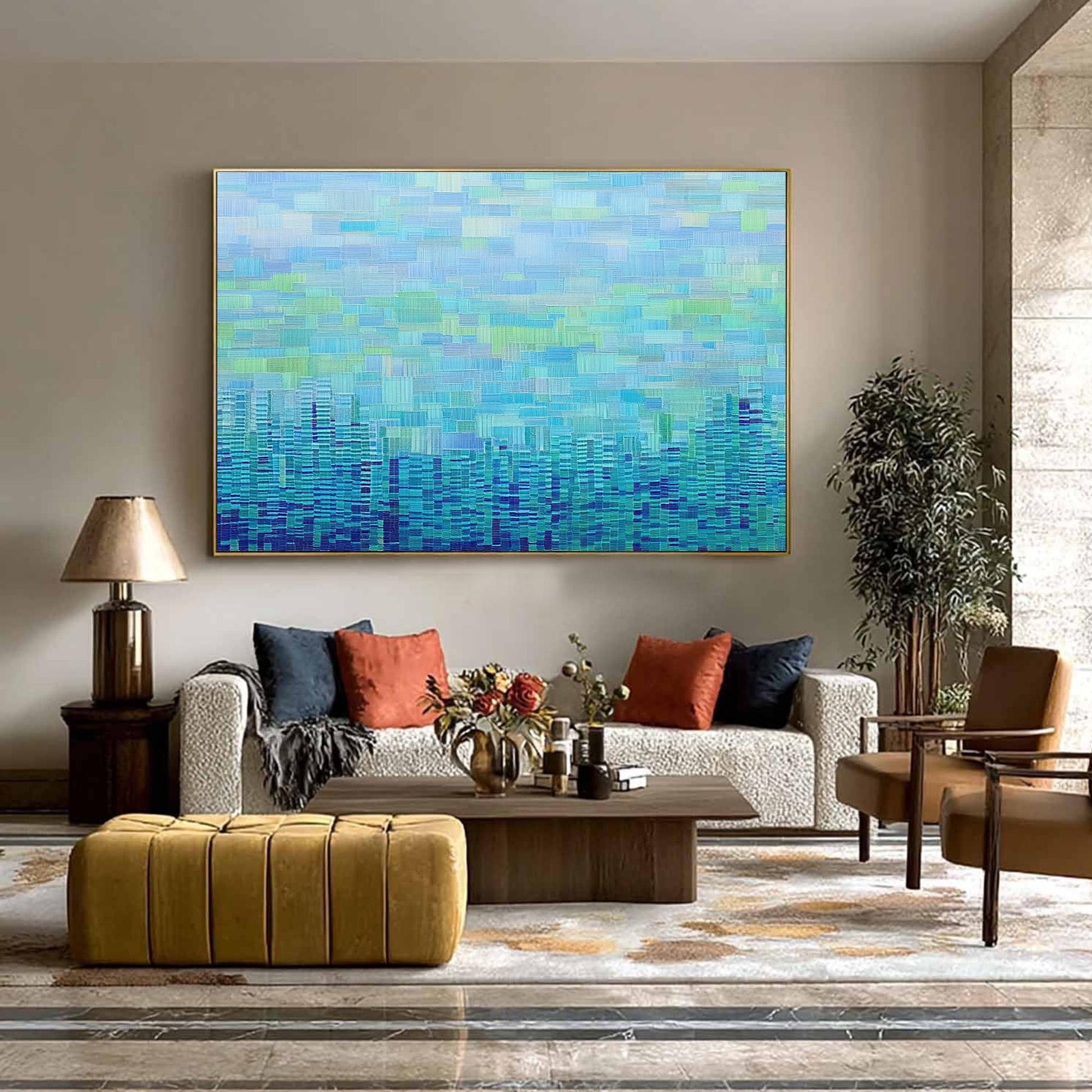 Large – Blue and Green City Skyline Architecture Wall Art | Abstract Textured Painting, view 4