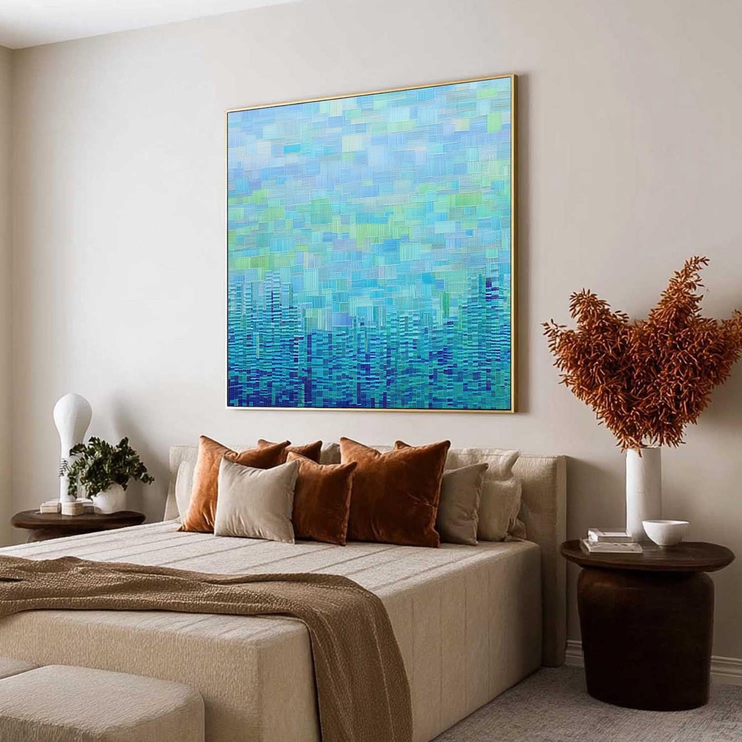 Large – Blue and Green City Skyline Architecture Wall Art | Abstract Textured Painting, view 2