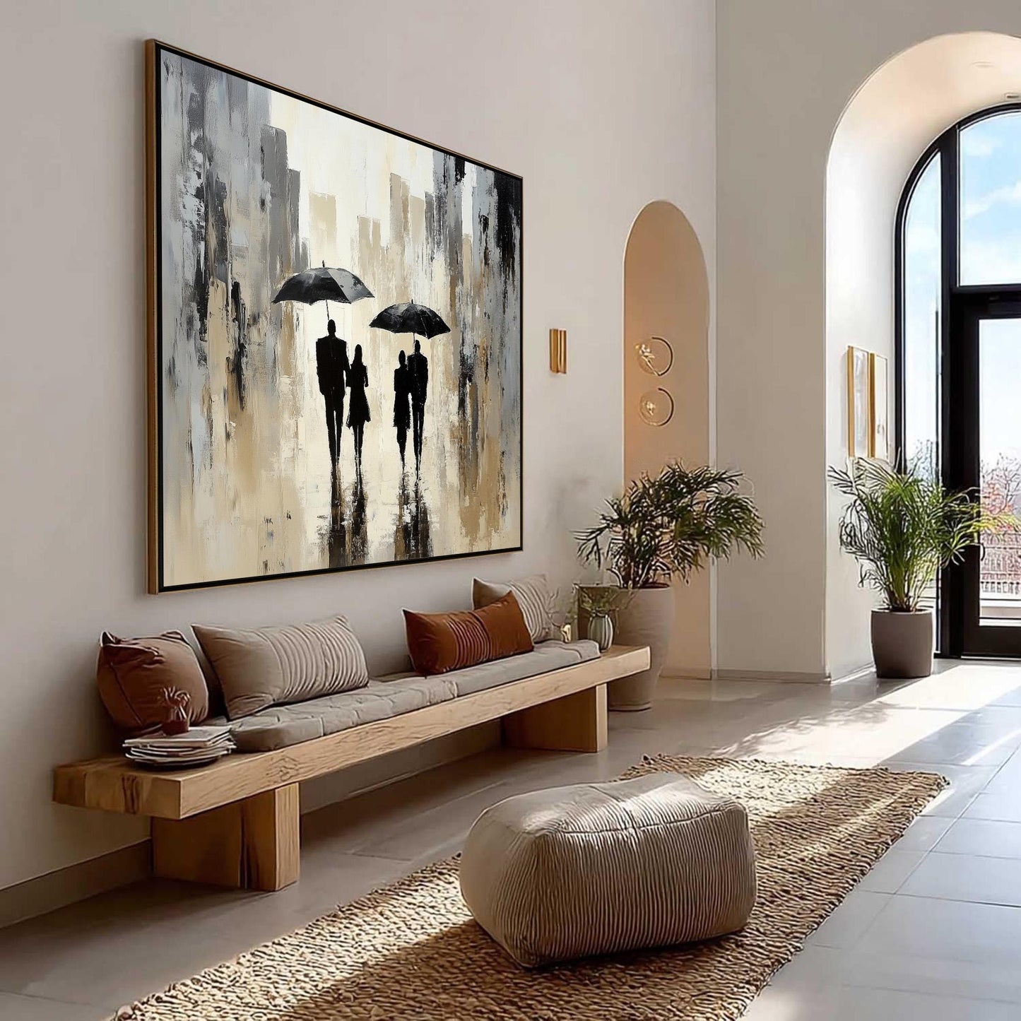 Textured Cityscape Painting, Couple with Umbrellas, Abstract Wall Art, Neutral Decor – Black and White Couple Figure Portrait