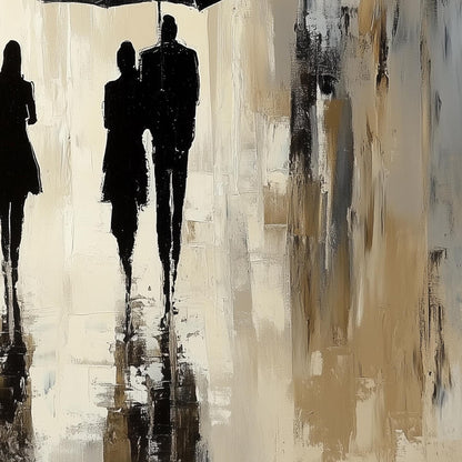 Textured Cityscape Painting, Couple with Umbrellas, Abstract Wall Art, Neutral Decor – Black and White Couple Figure Portrait