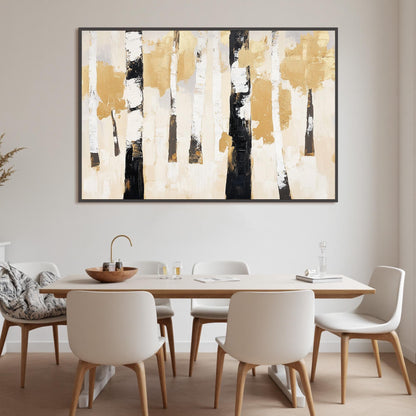 Textured Gold Birch Tree Painting, Abstract Forest Wall Art, Neutral Farmhouse Decor – Gold and Black Forest Tree Wall Art | 