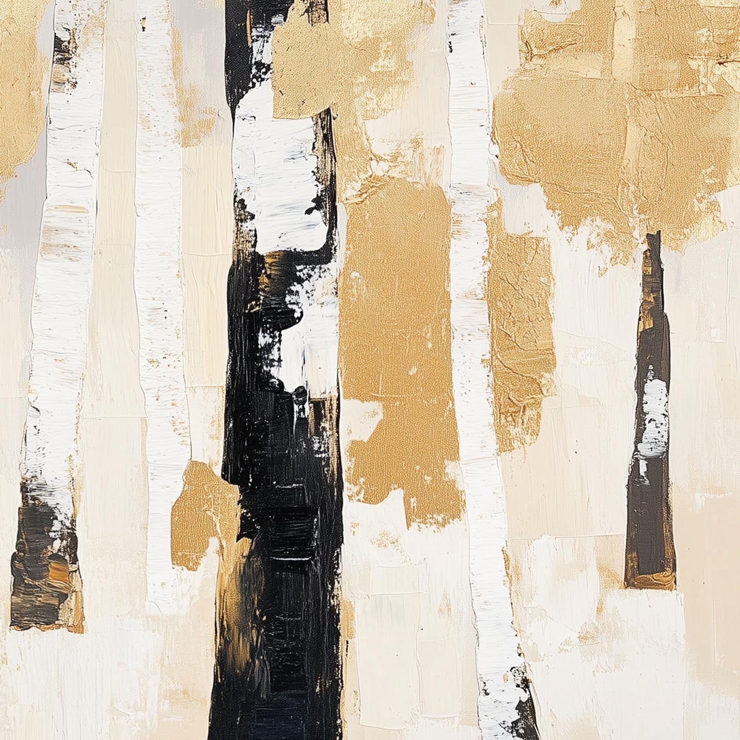Textured Gold Birch Tree Painting, Abstract Forest Wall Art, Neutral Farmhouse Decor – Gold and Black Forest Tree Wall Art | 