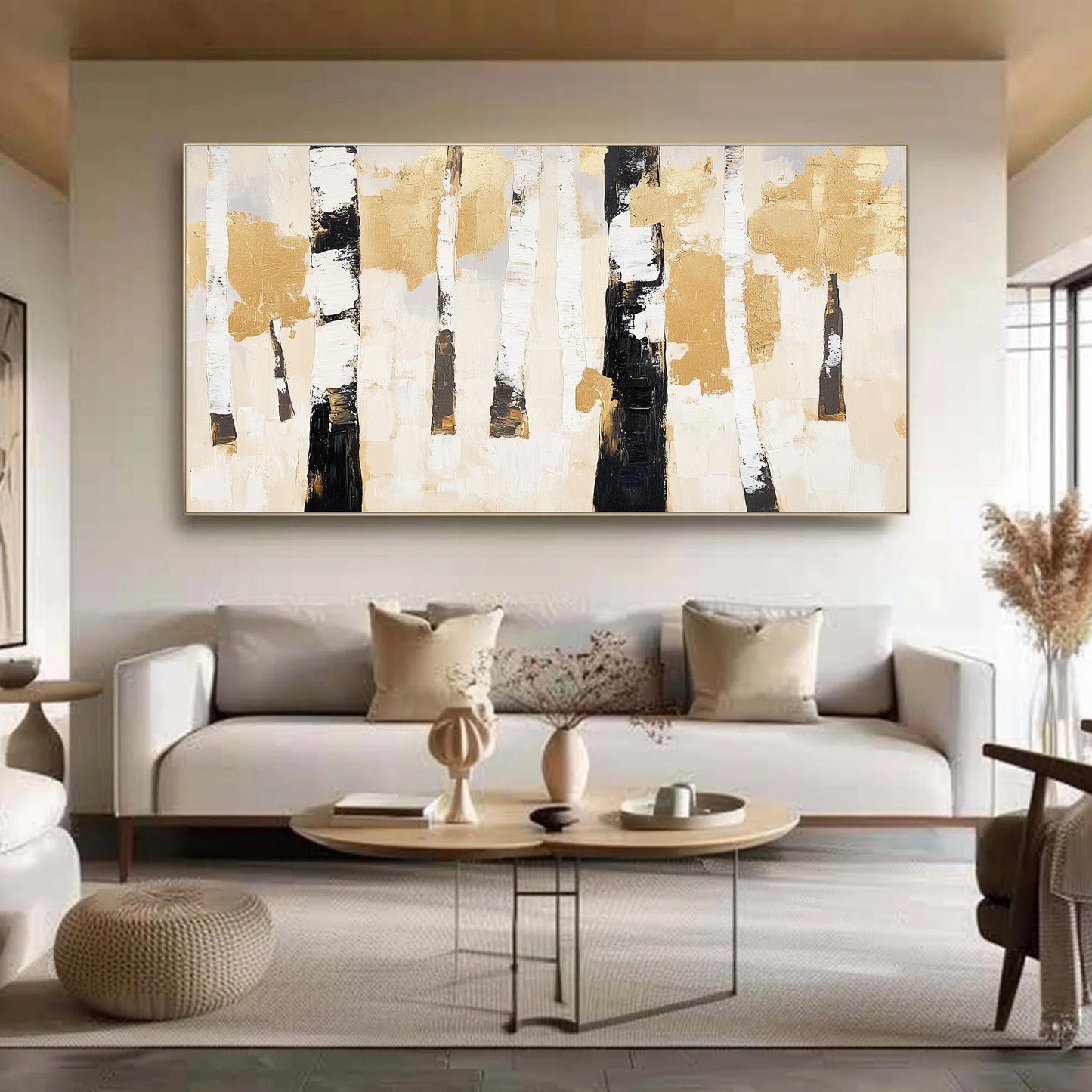 Textured Gold Birch Tree Painting, Abstract Forest Wall Art, Neutral Farmhouse Decor – Gold and Black Forest Tree Wall Art | 