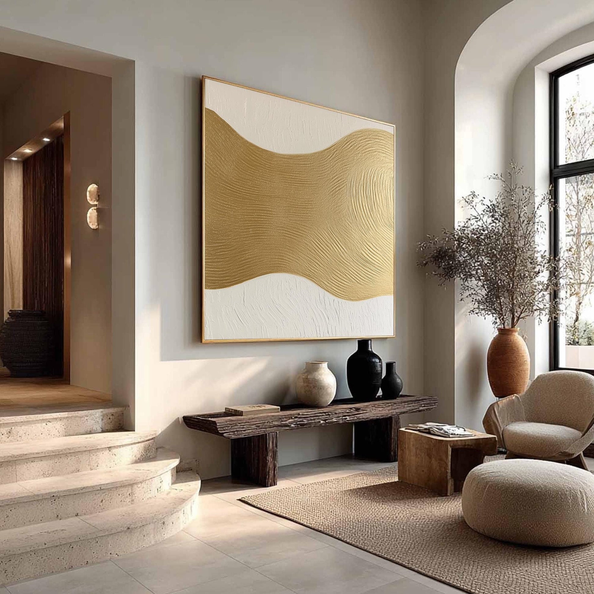 Textured Gold Wavy Abstract Canvas Painting, Minimalist 3D Modern Decor – Gold Abstract Minimalist Wall Art | Textured Painti