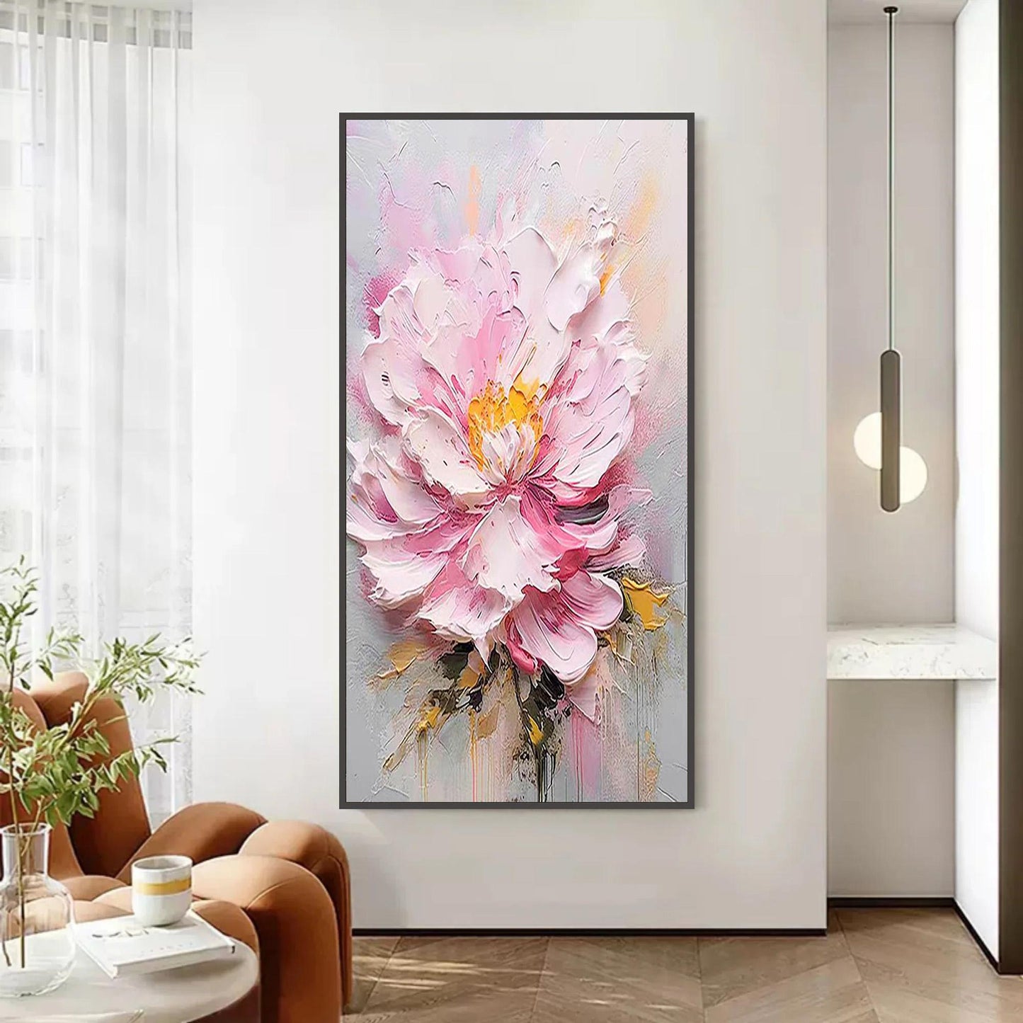 Textured Pink Peony Painting, Heavy Impasto Floral Wall Art, Palette Knife Statement Artwork – Pink and White Peony Floral Wa