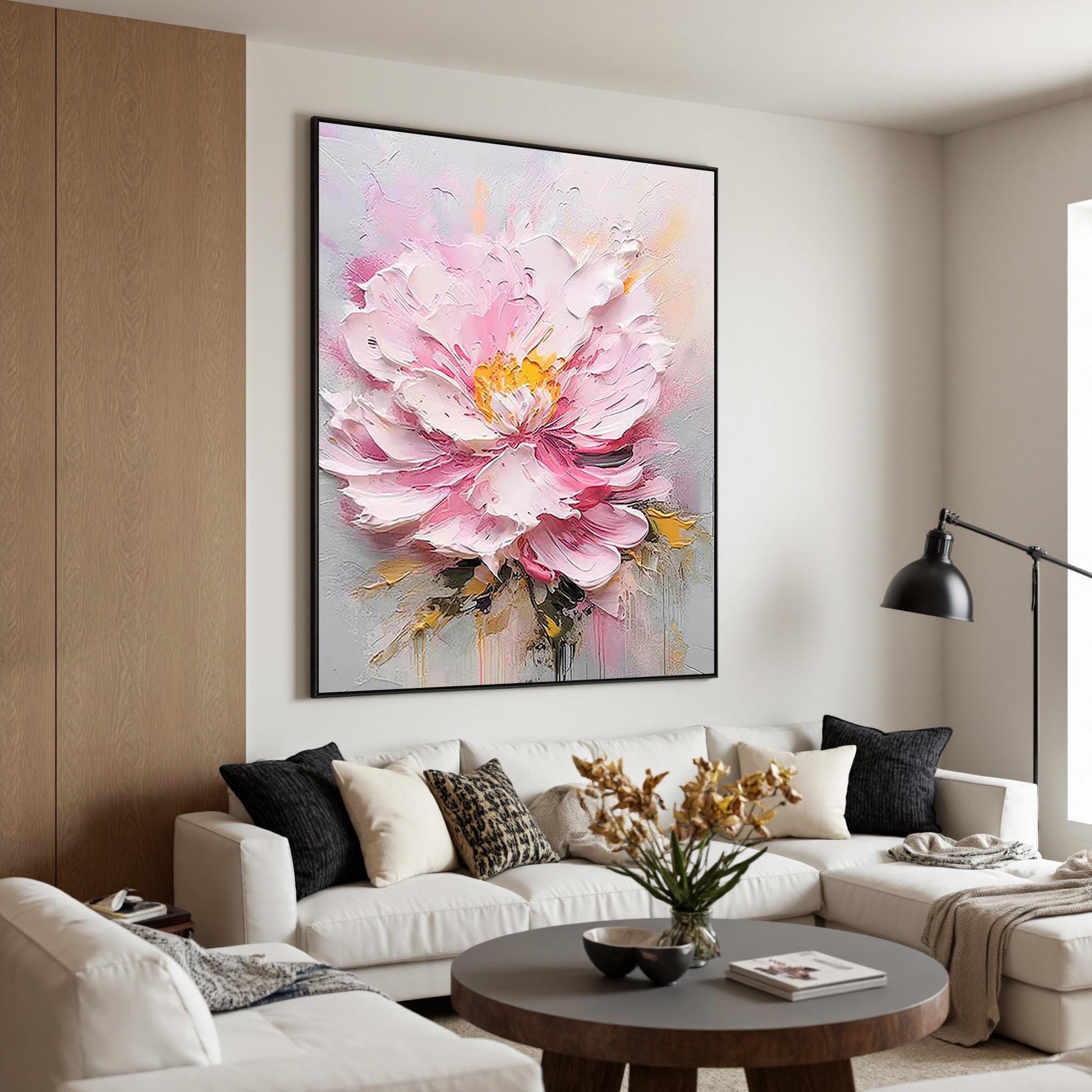 Textured Pink Peony Painting, Heavy Impasto Floral Wall Art, Palette Knife Statement Artwork – Pink and White Peony Floral Wa