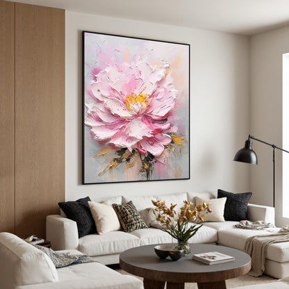 Textured Pink Peony Painting, Heavy Impasto Floral Wall Art, Palette Knife Statement Artwork – Pink and White Peony Floral Wa