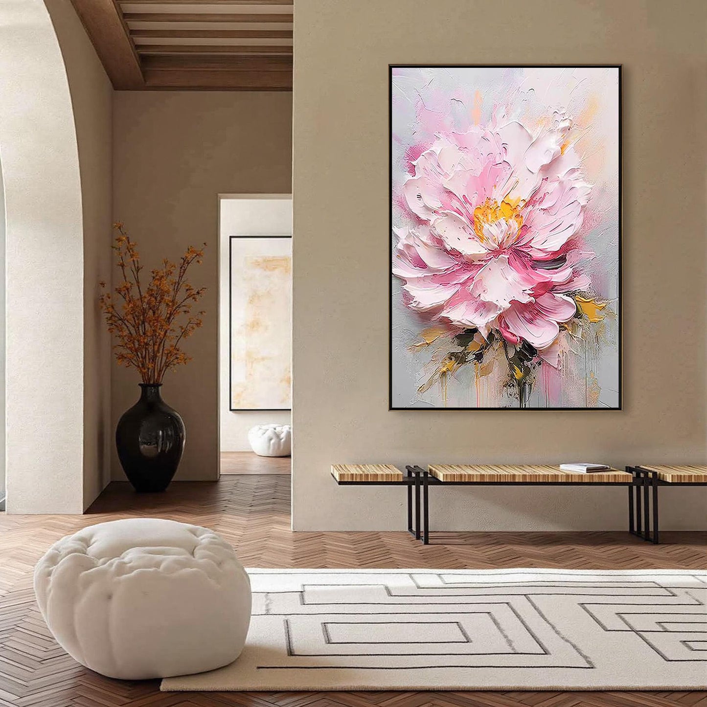 Textured Pink Peony Painting, Heavy Impasto Floral Wall Art