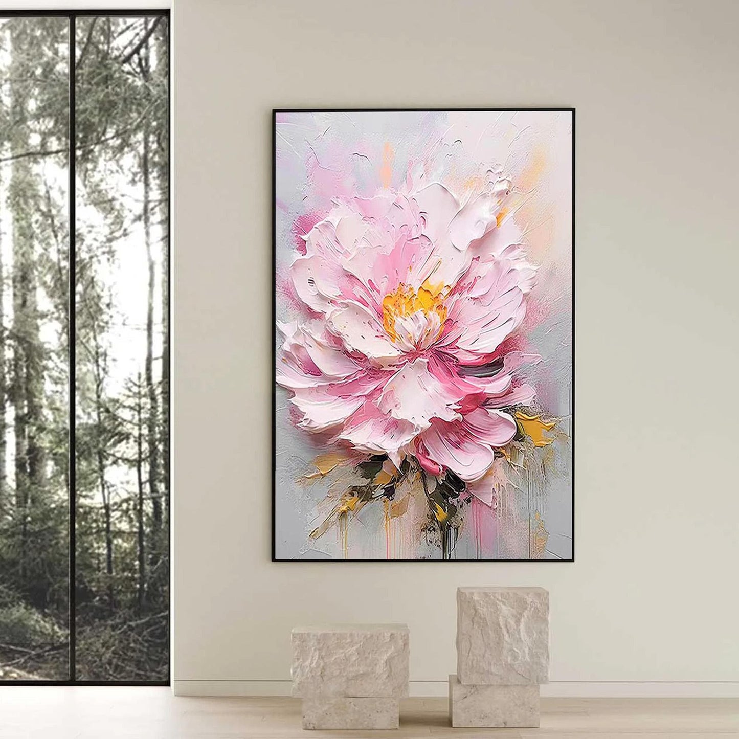 Textured Pink Peony Painting, Heavy Impasto Floral Wall Art, Palette Knife Statement Artwork – Pink and White Peony Floral Wa